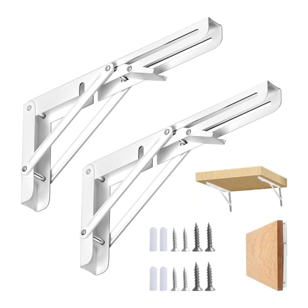 2 stk. Foldbare Firkanter, 350mm Foldbar Firkantet, Foldbar Hyllebrakett i Rustfritt Stål, Hvit Hyllebrakett