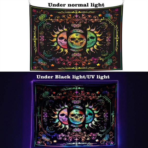 Blacklight Trippy Sun and Moon Stars Tapestry UV Reactive Sk