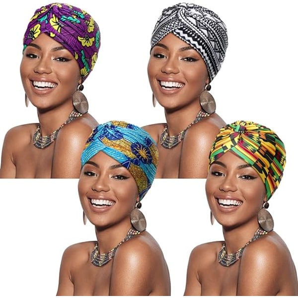 4 Multicolore Casquettes Turbans Africains Bonnet Plissé Turbans de Tête (Style Élégant)