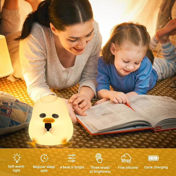 Sød And Natlampe - Blød Silikone LED Lampe - med Lysdæmper og Timer - Touch Kontrol - USB Genopladelig - Soveværelsesdekoration