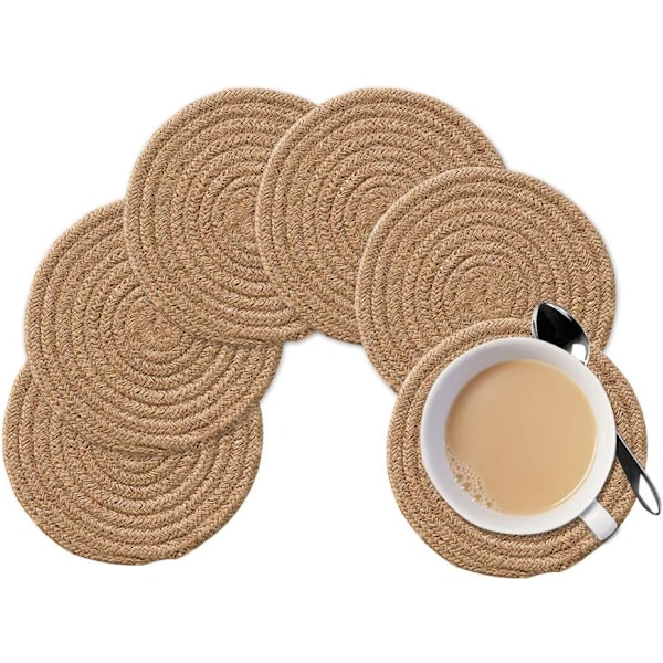 Jutefärgade muggunderlägg, 6-pack, ren bomullsgarnsväv, runda dryckesunderlägg, absorberande, brännsäkra