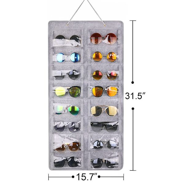 Grå, dammsäker solglasögonarrangör förvaring, hängande dammsäker väggficka glasögonarrangör - 16 filtplatser solglasögon