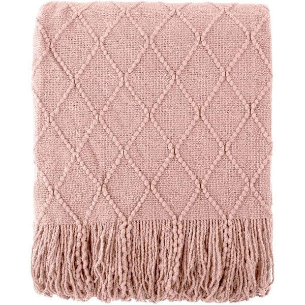 Blush Kastanjetæppe med Kvaster, Pink Strikket Tæppe til Hjemmeindretning, Boho Stil Struktureret Strikket Dekorativt Tæppe til C