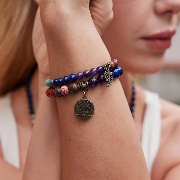 Farverige Naturlige Halvædelsten Perler Armbånd til Kvinder Livstræ og Blad Charm Energi Healing Reiki Krystal S