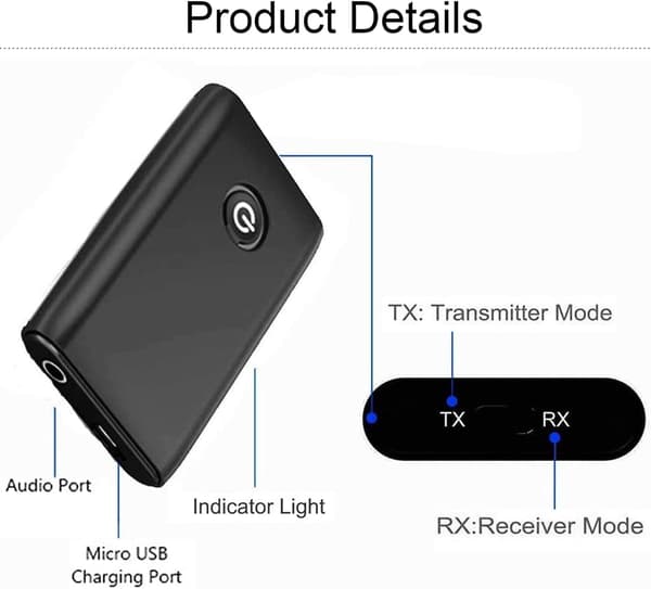 Bluetooth 5.0-sändare, 2-i-1 trådlös 3,5 mm-adapter, mottagare