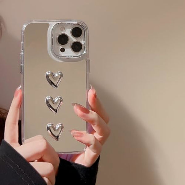 Spejl Etui til iPhone 13 Pro Max, Spejl med Sød 3D Hjerte til Piger Kvinder Makeup, Hård Spejl Bagside + Klar Blød TPU Bumper