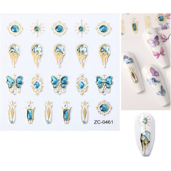 5 ark 5D Bronzing Nail Art Stickers Dekaler, Fishtail Shell Präglade Självhäftande Nagelstickers Ädelsten Blomma Hjärta Sol Guld Metall Design Nagelkonst