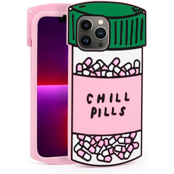 Söt iPhone 13 Pro Max Skal, Chill Pills 3D Cartoon Rolig Kapselflaska Mönster Skal, Cool Mjuk Silikon Fullt Skydd