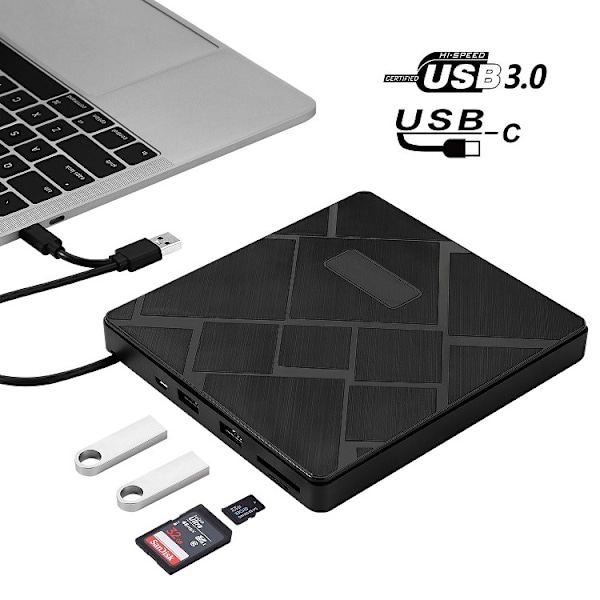 Ulkoinen CD/DVD-lukija ja -poltin, USB 3.0 ja Type-C, SD/TF-korttipaikalla ja 2 USB-portilla, 5 in 1, W-käyttöjärjestelmälle