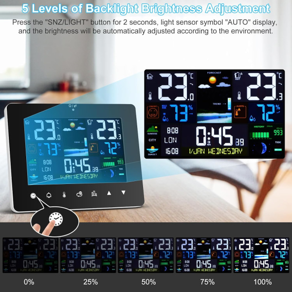Vejrstation med indendørs og udendørs sensor, trådløs multifunktions-touchskærm vejrstation med