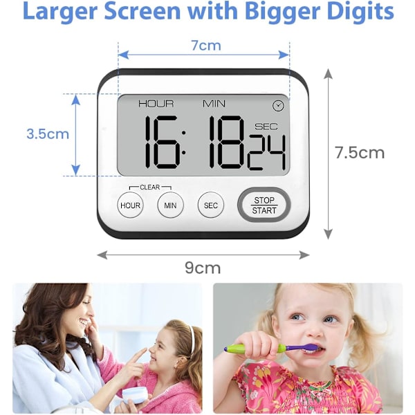 Køkken Timer, Multifunktionelt Vækkeur, Madlavningstimer med Ur, Digital Timer, Stopur med