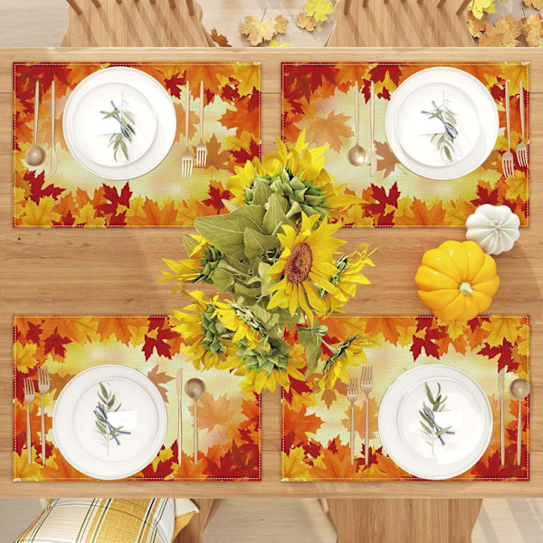 Linen Orange Vandfarve Ahornblad Efterårs Dugunderlag Sæt af 4 Landlig Efterår Thanksgiving Hjem Køkken Spisestue T