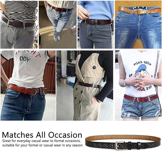 Dam vintage läderbälte med blommig utskärning och jeanslegering B