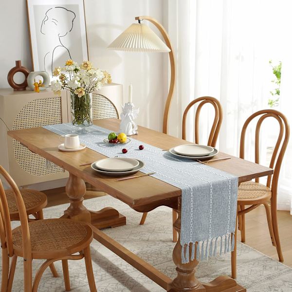 (Grå) Bordløber Farmhouse Style Kaffeebordløber med Håndlavede Kvaster til Fest, Hvile 160cm