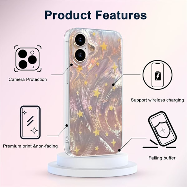 Kompakt fodral för iPhone 16 med glänsande stjärnmotiv, Söt Trendig Mjuk Slank TPU Stötskyddande Telefonfodral för