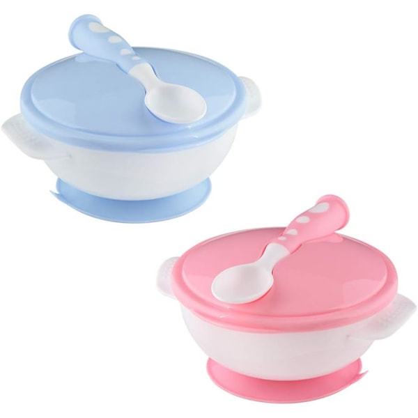 2-pak Baby Spiseskåle med Sugekopper, Baby Spiseskål med Lækagesikre Låg og Silikoneskeer, Sugekopskål til Småbørn