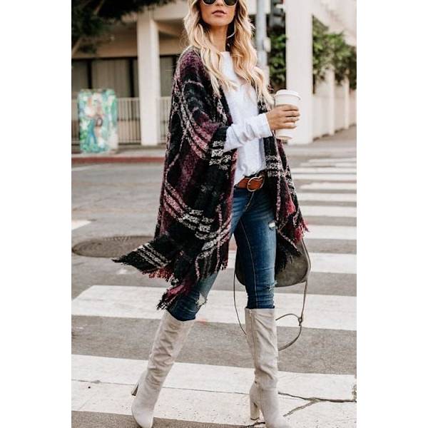 Dame Boho Åpen Front Poncho Strikket Rutete Sjal Wrap Cape Tassel Cardigan Genser