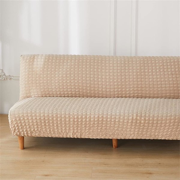 (Beige, 3 istuttava) Joustava selkänojaton sohvanpäällinen 2/3 istuttavalle sohvalle, Seersucker-vuodesohvan päällinen Universaali kokonaan peittävä kokoontaitettava sohvan suojus