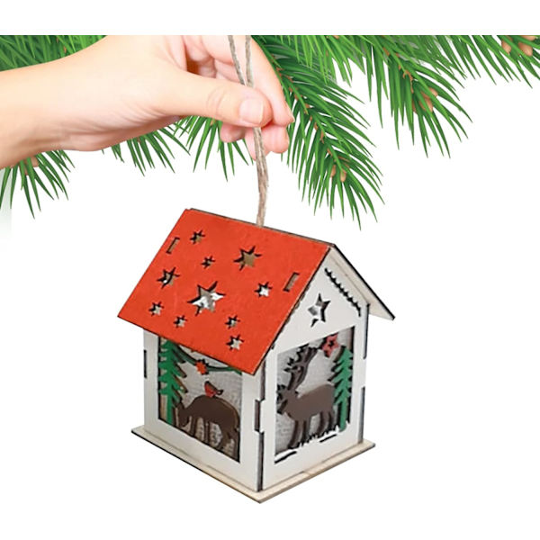 Julgran Trä Hus LED-ljus, Jultomte Snögubbe Älg Il