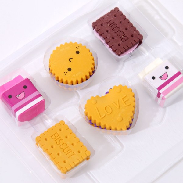6 stk Søt Kawaii Cookie Eraser Set, Milk Cookie Eraser Schoo