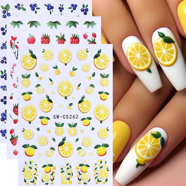 5 Ark Frugt Negleklistermærker til Neglekunst - 3D Selvklæbende Neglekunst Klistermærker Citron Jordbær Blåbær Design Blomster Negle Decals Manicure Tilbehør