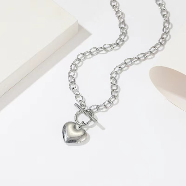Hjertekæde Halskæde + Hjerte Armbånd til Kvinder Piger Hjerte Vedhæng Toggle Charm Smykkesæt Rustfrit Stål Sølv