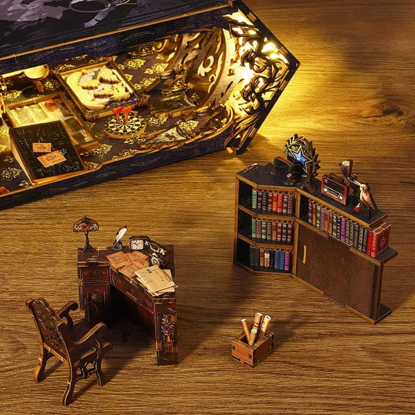 DIY Book Nook Kit, CUTEROOM Miniatyr Dollhouse Kit med möbler och LED-ljus, trä 3D-pussel,