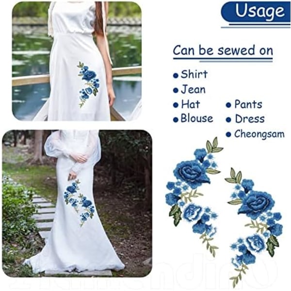 1 Par Blå Ros Broderi Patch Vackra Blommor Broderade Applikationsplaster för Kläder