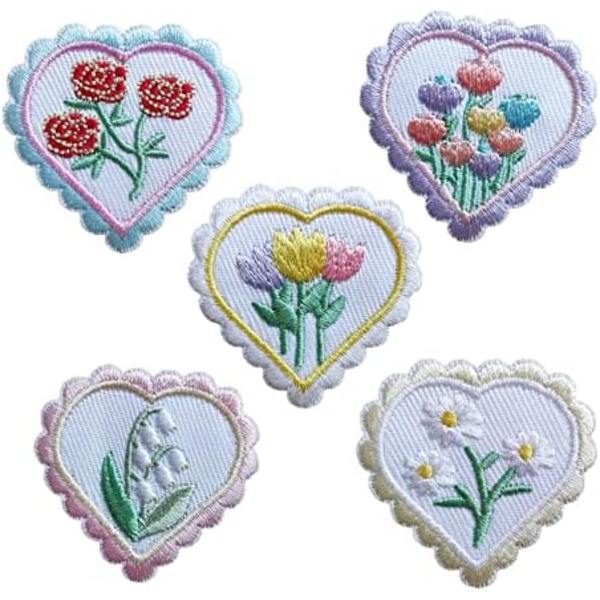 4,1x4cm Stryge-på Lille Hjerte Lap, 5 stk Søde Blomst Rose Daisy Tulip Hjerteformet Stryge-på Lap, Broderet Applikation Rep