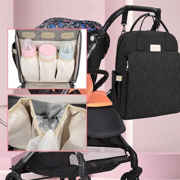 Babyble-rygsæk med seng (sort), multifunktionel vandtæt pusletaske, babytaske til mor og far