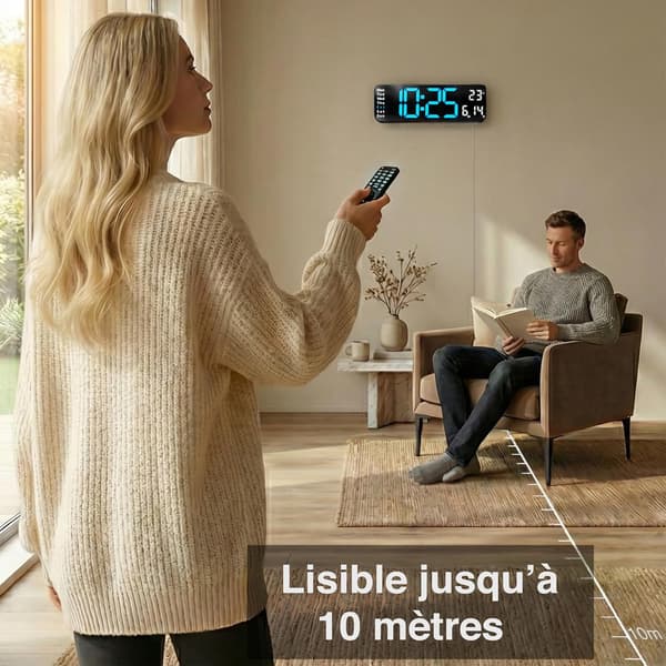 Nätansluten digital väggklocka – stor display, lättlästa LED-siffror, tyst – klocka 1 XL blå/vit