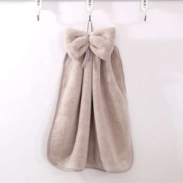 3-pakkaus rusettisolmu ripustuspyyhkeitä, mikrokuitu koralli fleece käsipyyhe ripustusrenkaat, imukykyinen supe light gray, light brown, light camel