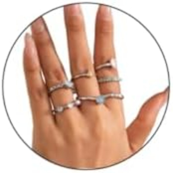 7 st. Statement Enkla 14K Guldringar Set för Kvinnor, Trendig Charm Tiny Stacking Bling Zirkon Silver Fingerringar Söt Pro