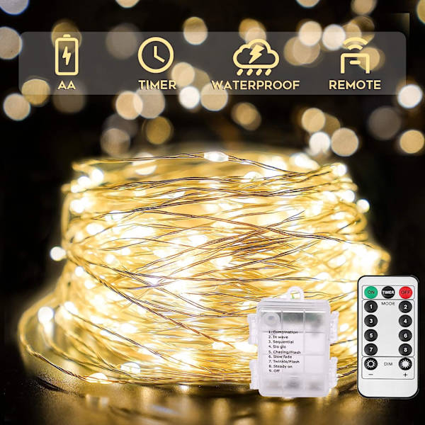 100 LED utomhus ljusslinga 10m, varmvit batteridriven med fjärrkontroll, LED Twinkle Ligh