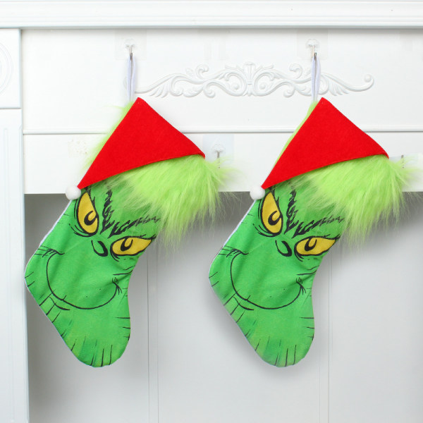 Julstrumpa Grinchs Xmas Godispåse Gåvor Strumpa Hängande Öppen Spis Strumpor Julgåva Strumpor för Chr