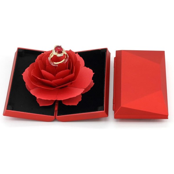 Rose Flower Förlovningsring Box 3D Pop Up Rose Förlovningsring Box för Bröllop Förlovningsring Valen
