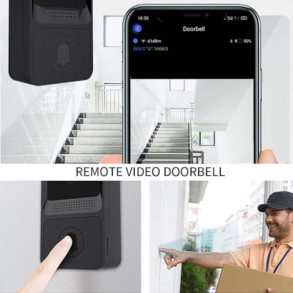 (Sort) Trådløs Videodørklokke, Smart Wi-Fi Videodørklokke med Klokkesignal, Dørklokke Sæt med HD Video, 2.4G WiFi