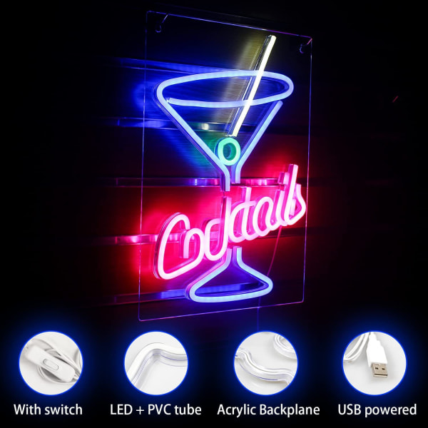 Cocktails Neonskilte Pink Blå Led Neonlys Cocktailglasbrev Neon USB-lysskilt til væg De