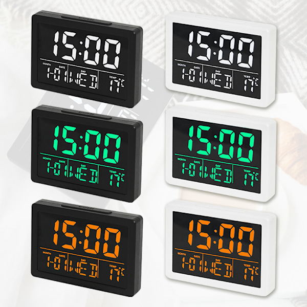 (Grön) Elektronisk väckarklocka, LCD-skärm Tid Datum Vecka Temperaturvisning Snooze-funktion 8 Ringsignaler Volymjustering