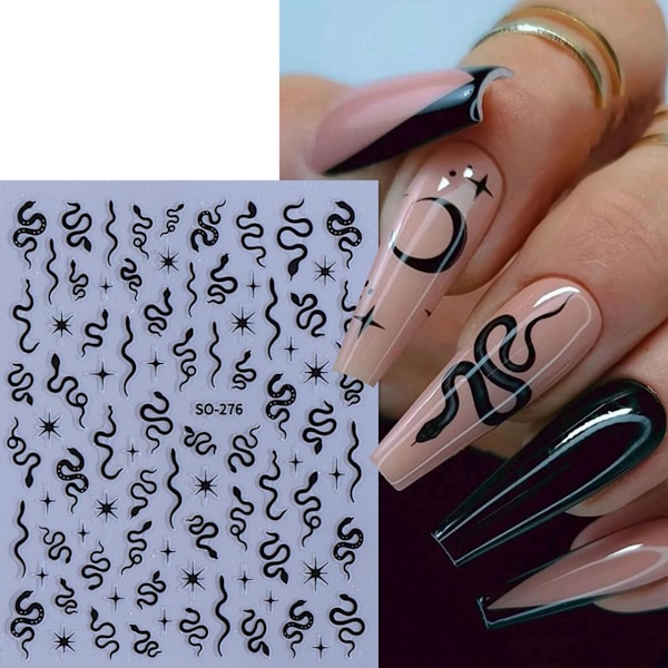 Orm Nagelsticker för Nagelkonst 3D Självhäftande Svart Silver Guld Laser Orm Stjärna Nageldekaler Stjärndesign Nagelkonst Stickers Berlocker för Kvinnor och G