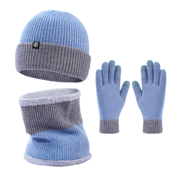 Vinteruppvärmd hatt blå mössa, varm foder halsduk, unisex stickning