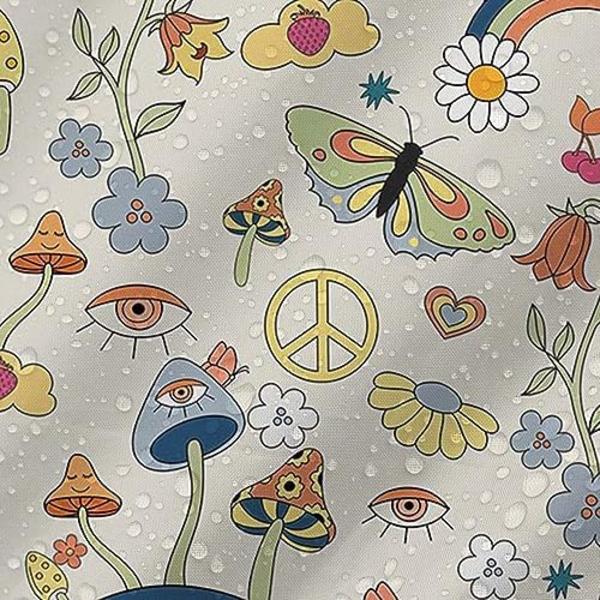180x180cm Duschdraperi med Svampmotiv, Bohemisk Blommig, Tvättad Tyg, Hippie 70-tal 80-tal Funky Groovy Estetik Retro