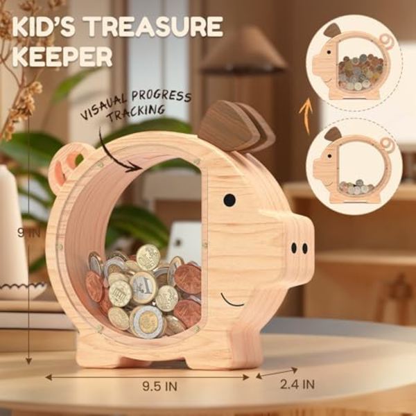 Träspargris för barn, söt spargris för pojkar och flickor, obrytbar trämyntspargris, kreativ spargris
