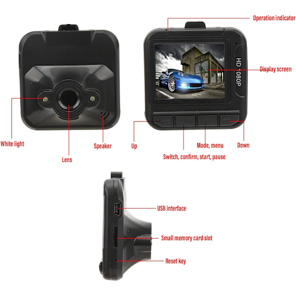 Dashcam 1080P Bilkörningsinspelare, 1,6 tums färgskärm DVR Dash Cam-inspelning för bil, Rörelsedetektering Röst