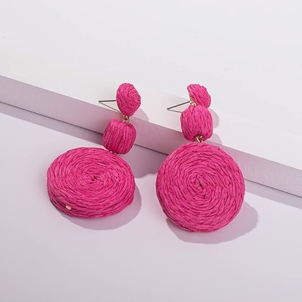 Statement Raffia Boho Runde Hengende Ball Øredobber - Søte Håndlagde Sommer Bohemske Hengende Smykker for Kvinner