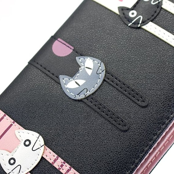 Mini Falskt Läder Bifold Söt 3 Katter Blixtlås Clutch Väska Underbar Lång Söt Katt Plånbok Handväska för Black