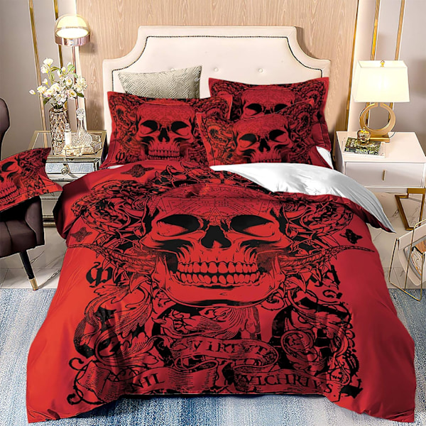 135X200cm Röd Skalle Täcke Set Gotisk Tatuering Sängkläder Set 2-Delar Blommig Quilt Set med Kuddfodral