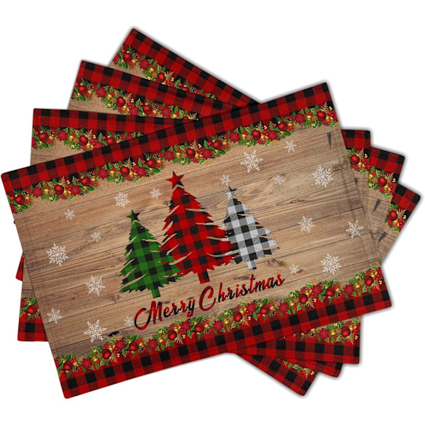 Merry Christmas Placemats Set of 4 18" x 12", Winter Xmas Tree Snowflake Red Plaid Table Mats Heat-Resisting Non Slip Re