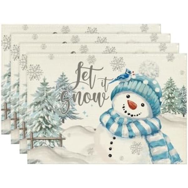 Sett med 4 juletrær 30x45cm, 'Let It Snow' Blå Snømann Juleduker, Vinterbordmatter for Fest Kjøkken Spisestue Dekor