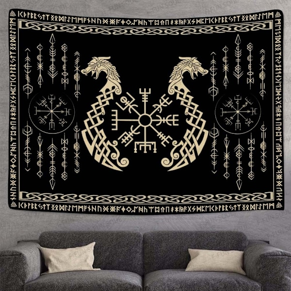 Nordiska Vikingar Gobeläng, Stor 152x102cm Mjuk Flanell, Vegvisir Symbol Tvillingdrakar Keltisk Runskrift Skandinavisk Estetik Mytologi Gobeläng Väggbonad